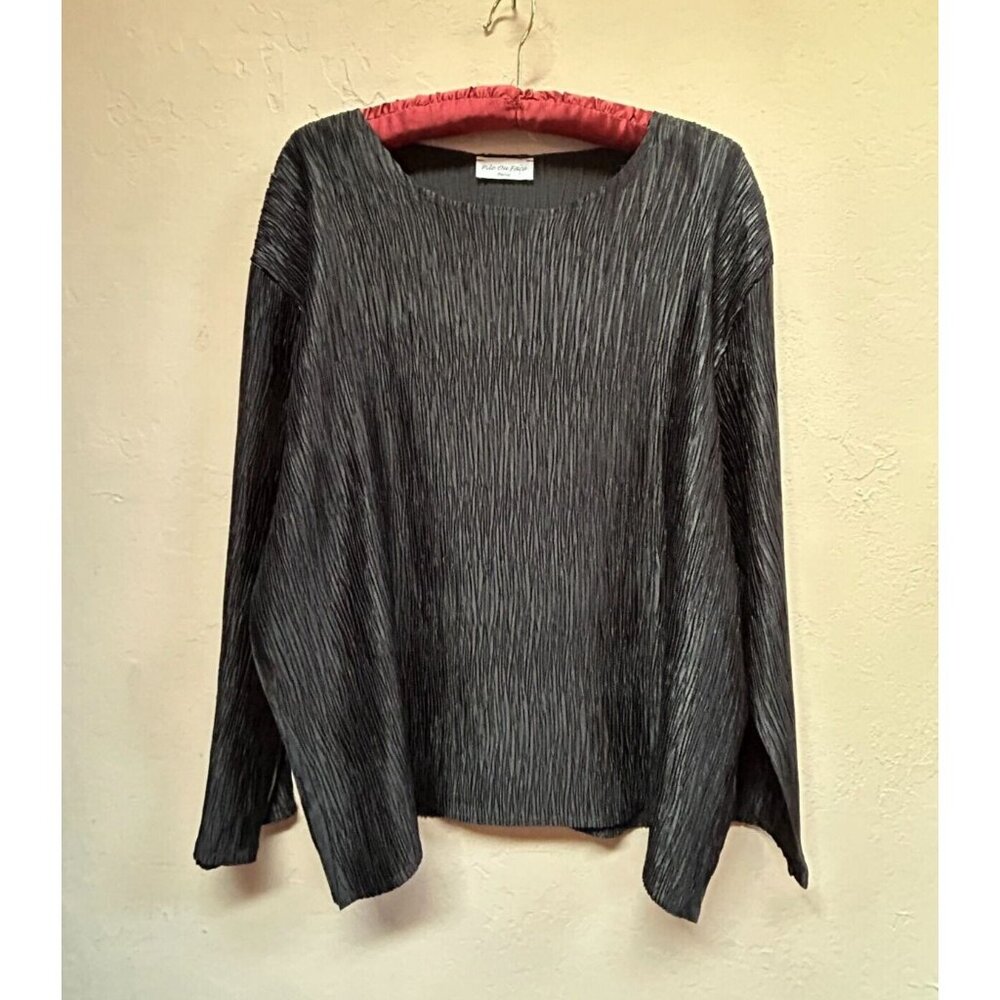 Pile Ou Face Paris Womens Top Textured Pleated Blouse Drop Shoulder Black Casual